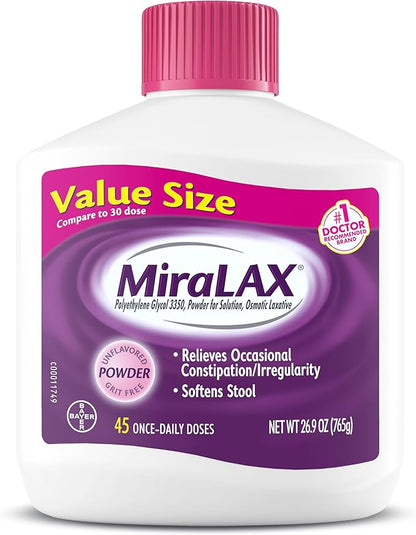 MiraLAX Gentle Constipation Relief Laxative Powder, Stool Softener with PEG 3350, Works Naturally with Water in Your Body, No Harsh Side Effects, Osmotic Laxative, 45 Dose