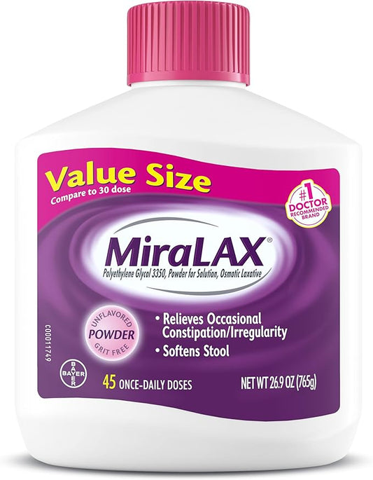 MiraLAX Gentle Constipation Relief Laxative Powder, Stool Softener with PEG 3350, Works Naturally with Water in Your Body, No Harsh Side Effects, Osmotic Laxative, 45 Dose