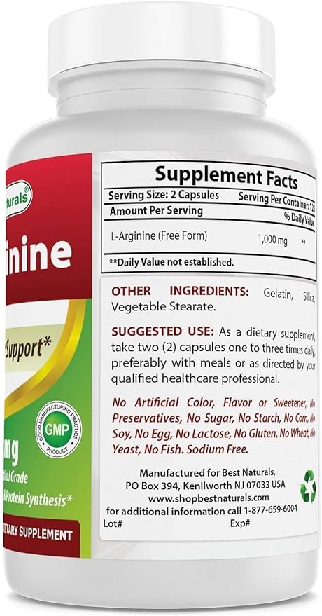 Best Naturals L-Arginine 500mg 250 Capsules - Pharmaceutical Grade L Arginine supplement promotes nitric oxide synthesis