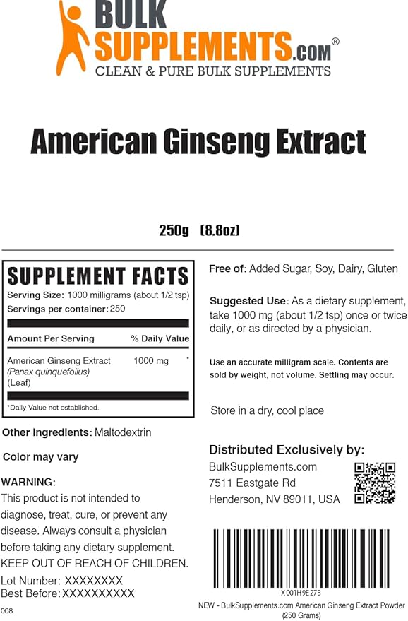 BulkSupplements.com American Ginseng Extract Powder - Ginseng Supplement, Herbal Supplements - Gluten Free, 1g per Serving, 250g (8.8 oz) (Pack of 1)