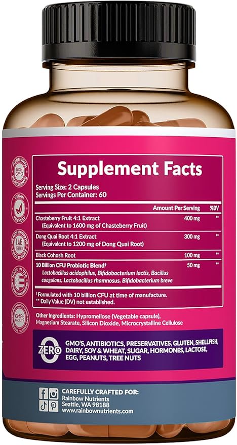 (2 Pack) Hormone Balance + Probiotics for Women (3450mg) Natural Relief for Menopause, Hot Flashes, PMS, Bloating | 4:1 Chasteberry, Dong Quai, Black Cohosh | Non GMO|240 V Capsules