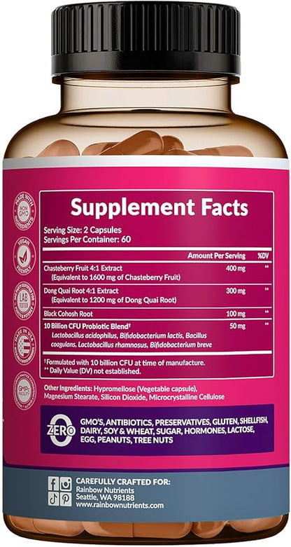 (2 Pack) Hormone Balance + Probiotics for Women (3450mg) Natural Relief for Menopause, Hot Flashes, PMS, Bloating | 4:1 Chasteberry, Dong Quai, Black Cohosh | Non GMO|240 V Capsules