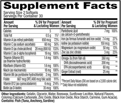 OLLY Ultra Strength Prenatal Multivitamin Softgels, Supports Healthy Growth, Brain Development, Iron, Folic Acid, DHA, Vitamins C, E, 30 Day Supply-60 Count