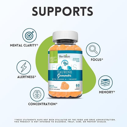 HERBION Naturals Taurine Gummies with Ginseng, L-Theanine, Vitamin C, B3, B6, & B12, Support Mental Clarity & Concentration*, Natural Peach Flavor, Gluten-Free, USA Made, 240 Count (Pack of 4)