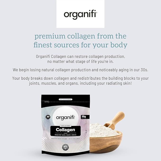 Organifi Collagen Powder - Fuller Hair, Stronger Nails, and Radiant Skin - Replenish and Rebuild Your Body - Gluten-Free, Dairy-Free, and Soy-Free Hydrolyzed Multi Collagen Peptides, 30 Servings
