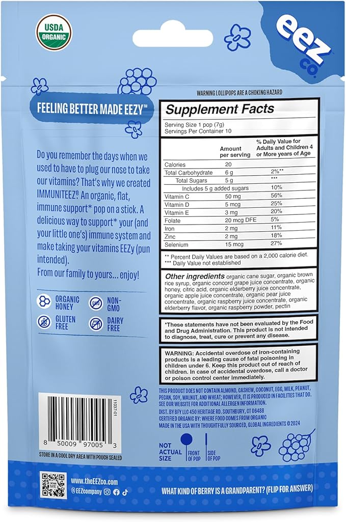Immuniteez Organic Elderberry Lollipops for Kids - Immune Support with Vitamin C, D, E, Zinc and Organic Honey - Gluten Free Kids Vitamins - 10 Count Bag