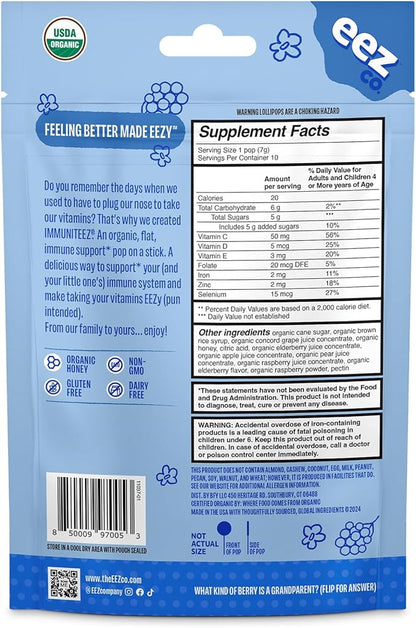 Immuniteez Organic Elderberry Lollipops for Kids - Immune Support with Vitamin C, D, E, Zinc and Organic Honey - Gluten Free Kids Vitamins - 10 Count Bag