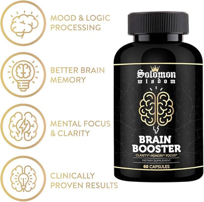 SOLOMON WISDOM Brain Booster – Nootropic Dietary Supplement for Memory Boost – 60 All-Natural Capsules to Enhance Focus & Improve Concentration & Clarity