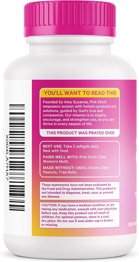 Pink Stork Omega 3 Fish Oil Supplements for Women with DHA and EPA - High Potency Burpless Omega-3 Supplement for Cognitive Health - 60 Softgels