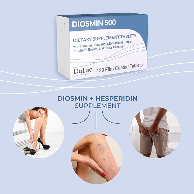 Dulàc - Diosmin 500 Hemorrhoid and Leg Vein Supplement 120 Tablets, Diosmin, Horse Chestnut Extract, Butchers Broom, Hesperidin for Circulation, Made in Italy