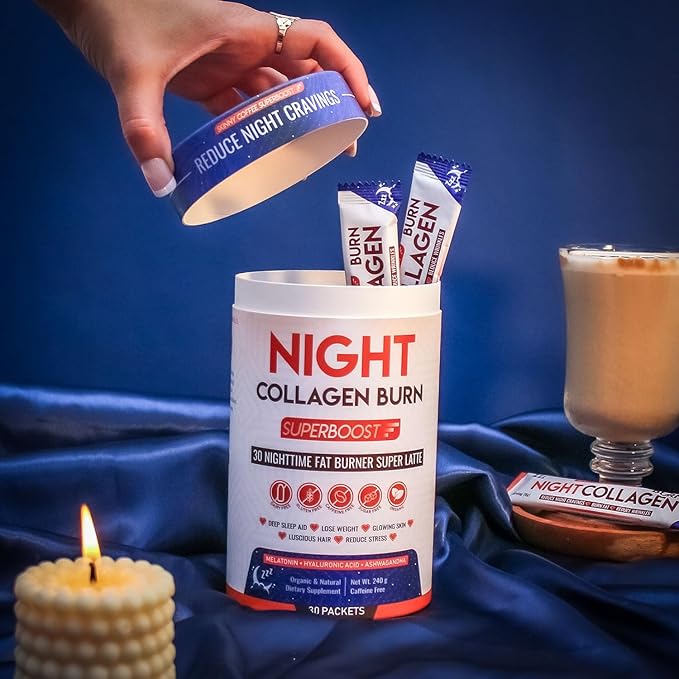 Night Collagen Burn, Nighttime Fat Burner & Weight Loss Support, Natural Deep Sleep SuperLatte, Appetite Suppressant, Skin, Hair, Nails & Joints Support, Superboost 30 Servings (Pack of 3)