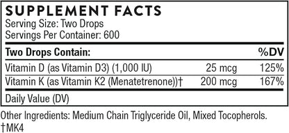 THORNE Vitamin D + K2 Liquid with a metered Dispenser - Vitamins D3 and K2 to Support Healthy Bones and Muscles* - 1 Fl Oz (30 ml) - 600 Servings
