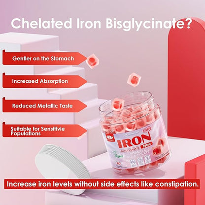 Iron Gummies for Women 25mg (Made in USA) Plus Vitamin C, Beet Root, Vitamin B12, Folate for Iron Deficiency, Anemia, Energy Boost, Sugar Free Iron Supplement, Non-Constipating, No After Taste, 60 Cts