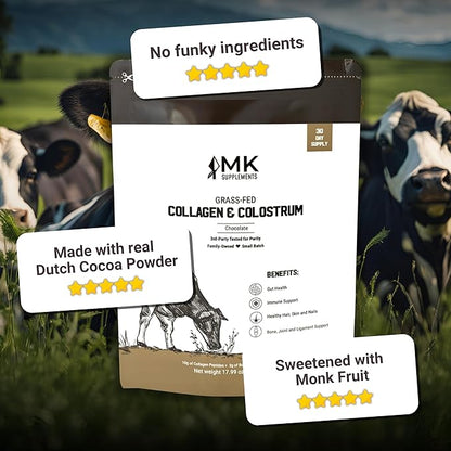 MK Supplements Grass-Fed Collagen & Colostrum Supplement, Chocolate (30 Servings) - Non-GMO, Gluten Free, Supports Gut Health, Immunity, Hair, Skin, Nails, Joints