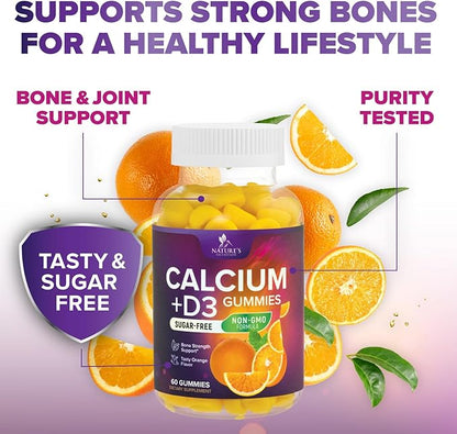 Chewable Calcium Supplements for Women & Men - Sugar Free Calcium with 400 IU Vitamin D3 Gummy for Bone, Teeth, & Immune Health Support - Non-GMO, Berry Flavored, Daily Vitamins Chews - 60 Gummies