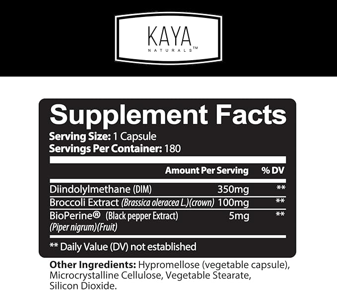 Kaya Naturals DIM Ultra | Supplement for Women and Men | Vegetable Capsules with Broccoli Extract & BioPerine | Herbal Supplement for Hormonal Support, Acne, Menopause, and Prostate – 180 Count