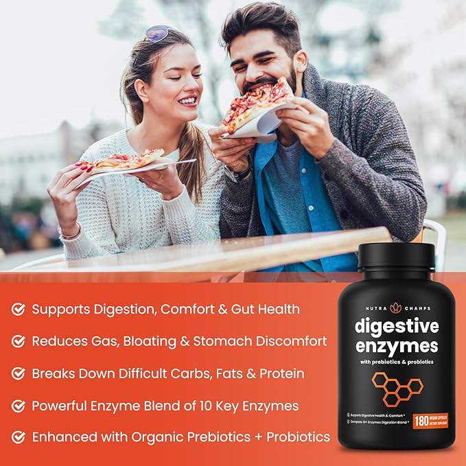 NutraChamps Digestive Enzymes with Probiotics and Prebiotics for Women & Men - 180 Vegan Capsules with Bromelain for Bloating & Optimal Gut Health