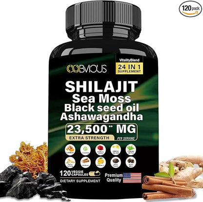 24-in-1 Himalayan Shilajit W/Ashwagandha, Black Seed Oil, Rhodiola Rosea, Panax Ginseng, Sea Moss, Ginkgo Biloba, Stinging Nettle, Turmeric, Cordyceps Mushroom — 120 Capsules, 60-Day Supply