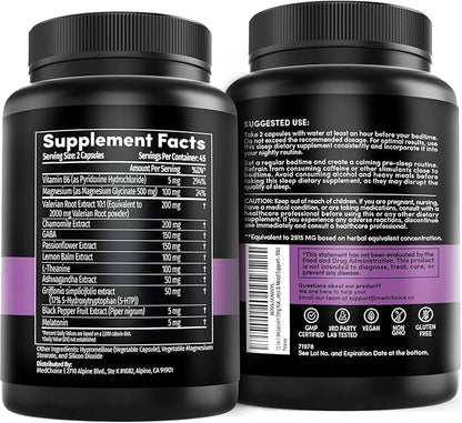 12-in-1 Melatonin Sleep Capsules - Natural Sleep Aids for Adults with Melatonin 5mg and Magnesium Glycinate 500mg, Sleep Aid with Ashwagandha, L Theanine, Valerian Root, GABA, 5-HTP (90ct, Pack of 1)