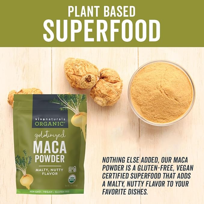 Viva Naturals Organic Maca Powder - Gelatinized Maca Powder for Easier Digestion, Vegan and Kosher Peruvian Superfood - Certified USDA Organic, Gluten-Free & Non-GMO, 1 lb Resealable Bag