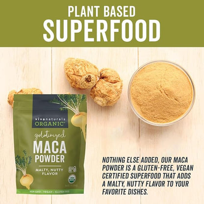 Viva Naturals Organic Maca Powder - Gelatinized Maca Powder for Easier Digestion, Vegan and Kosher Peruvian Superfood - Certified USDA Organic, Gluten-Free & Non-GMO, 1 lb Resealable Bag