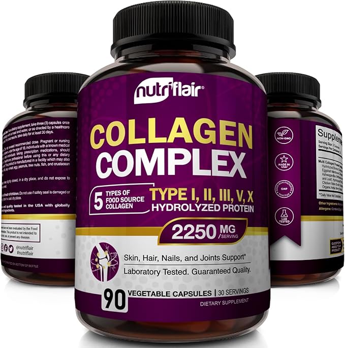 NutriFlair Multi Collagen Peptides 2250mg, 90 Capsules - Type I, II, III, V, X - Collagen Supplements Complex Powder Pills for Women and Men - Hydrolyzed Protein, Healthy Hair, Skin, Nails - Non-GMO