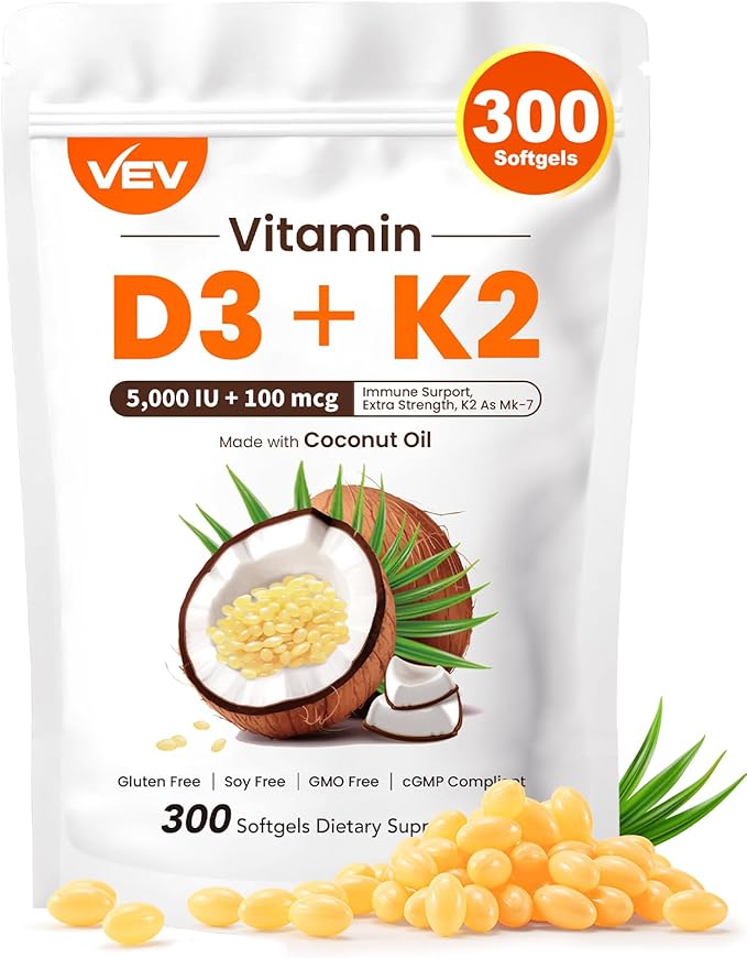 VEV Vitamin D3 K2, 5000 IU D3 100mcg K2 (MK 7), 300 Softgels, 2-in-1 Vitamin D & K Supplement with Coconut Oil, Supports Calcium Absorption and Bone Health, Easy to Swallow (Packaging May Vary)