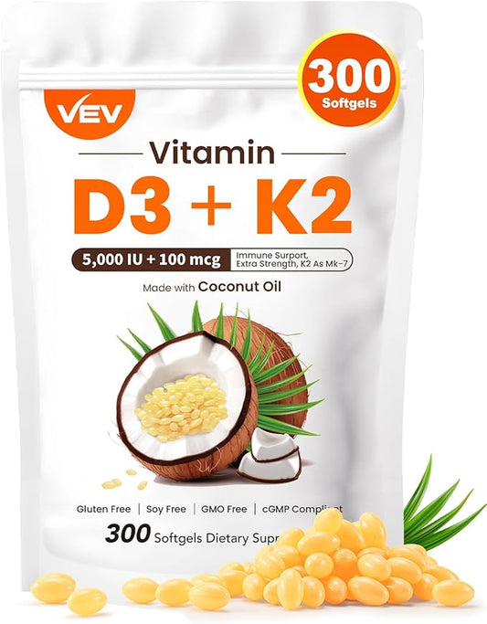 VEV Vitamin D3 K2, 5000 IU D3 100mcg K2 (MK 7), 300 Softgels, 2-in-1 Vitamin D & K Supplement with Coconut Oil, Supports Calcium Absorption and Bone Health, Easy to Swallow (Packaging May Vary)