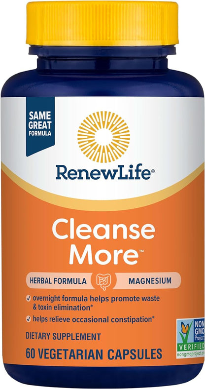 Renew Life Cleanse More Herbal Formula with Magnesium for Overnight Occasional Constipation Relief; Helps Promote Waste and Toxin Elimination; Gluten, Dairy and Soy Free; 60 Vegetarian Capsules*