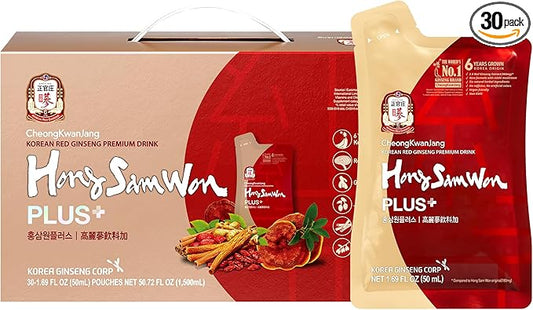 HongSamWon Plus - Korean Red Ginseng Tea, Pre and Post Workout Herbal Energy Drink with Jujube & Reishi Mushroom - Caffeine Free, Gluten Free, Non-GMO (30 Pouches, 1.69 fl oz)