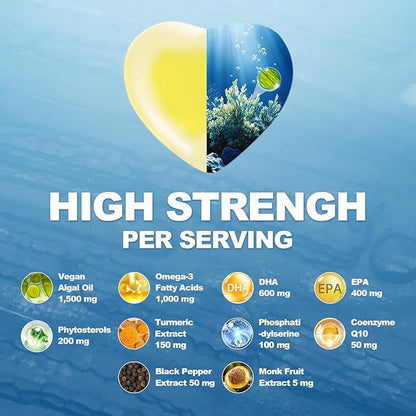 Vegan Algae Omega-3 Gummies with DHA 600mg, EPA 400mg, Phytosterols, Turmeric, Phosphatidylserine, CoQ10 for Brain & Eye Wellness - Omega 3 Supplement Fish Oil Alternative for Adults & Teens - 60 Cts
