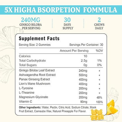240MG Ginkgo Biloba Gummies | 120 Gummies | Improve Mood and Focus, Brain Health| Pineapple Flavor | Vegan, Non-GMO, Gluten Free Supplement