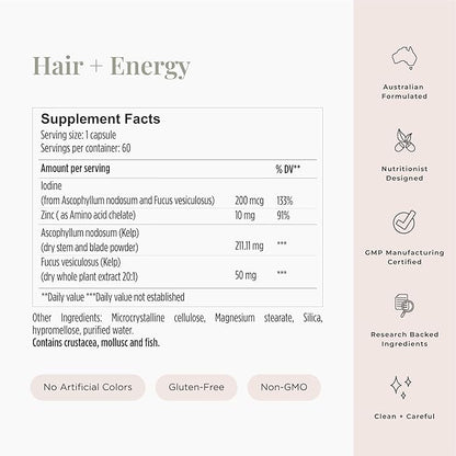 JSHealth Vitamins Hair + Energy Formula | Hair Vitamins for Women and Men with Iodine and Zinc | Supports Hair Strength, Energy Levels, and Healthy Hair Maintenance (60 Capsules Pack of 2)