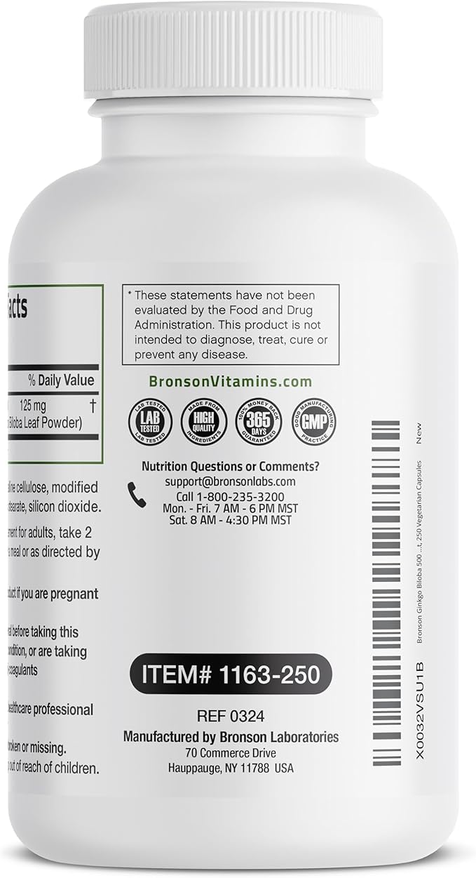 Bronson Ginkgo Biloba Extra Strength Supports Brain Function & Memory Support, 250 Vegetarian Capsules