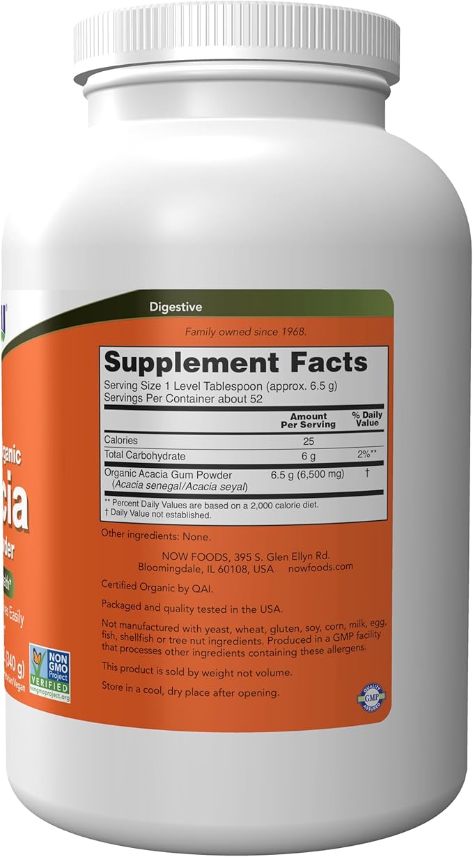 NOW Foods Supplements, Acacia Pure Powder, Certified Organic, Highly Soluble, Mixes Easily, Intestinal Health*, 12-Ounce