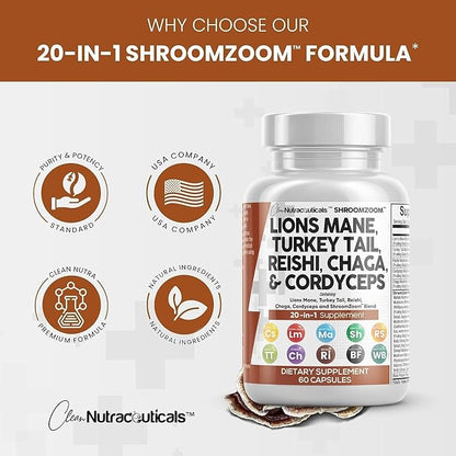 Clean Nutraceuticals Lions Mane 20in1 Mushroom Supplement with Turkey Tail Reishi Cordyceps Chaga Maitake Meshima Poria Cocos Shiitake Oyster Porcini Enoki (5)