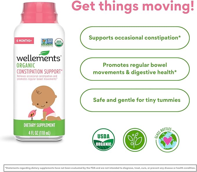 wellements Organic Baby Constipation Support Relieves Occasional Constipation for Infants & Toddlers, No Harsh Laxatives, USDA Certified Organic, 4 Fl Oz (Pack of 2), 6 Months +
