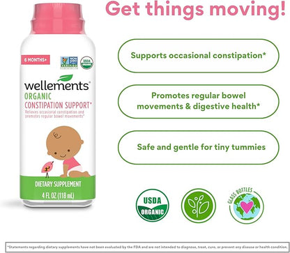 wellements Organic Baby Constipation Support Relieves Occasional Constipation for Infants & Toddlers, No Harsh Laxatives, USDA Certified Organic, 4 Fl Oz (Pack of 2), 6 Months +