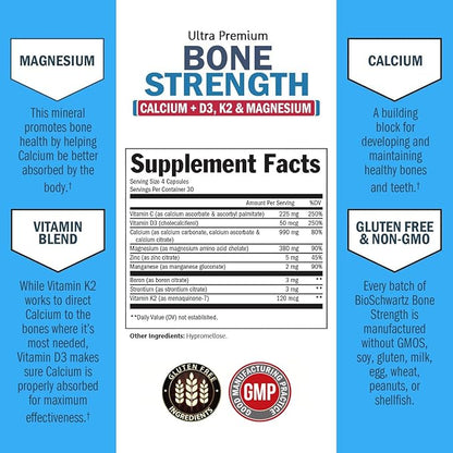 High Absorption Bone Strength Supplement - Gentle Non-Constipating Bone Health Supplement for Women & Men with 9-in-1 Complex with Calcium Magnesium Zinc D3 K2 & More - 3rd Party Tested - 1 Month