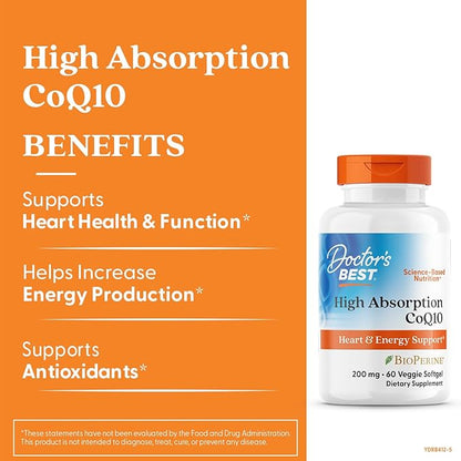 Doctor's Best High Absorption COQ10, Heart & Energy Support, USP Verified, Naturally Fermented CoQ10, Non-GMO Gluten Free, Soy Free, 60 Veggie Softgels