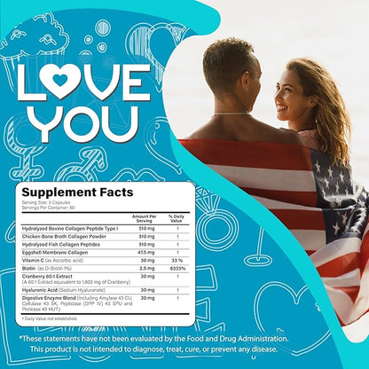 Love You Premium Collagen Capsules – Types I, II, III, V & X – Hair, Skin, Nails, Joints & Gut Support – Hydrolyzed Bovine Collagen Peptides – Grass-Fed, Non-GMO, 120 Capsules, USA Made