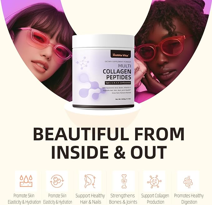 Multi Collagen Peptides Powder, Type I, II, III, V, X Hydrolyzed Collagen Protein Powder with Biotin, Hyaluronic Acid, Vitamin C for Healthy Hair, Skin, Nails, Joint, Unflavored 1.1 lbs