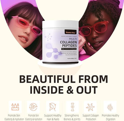 Multi Collagen Peptides Powder, Type I, II, III, V, X Hydrolyzed Collagen Protein Powder with Biotin, Hyaluronic Acid, Vitamin C for Healthy Hair, Skin, Nails, Joint, Unflavored 1.1 lbs