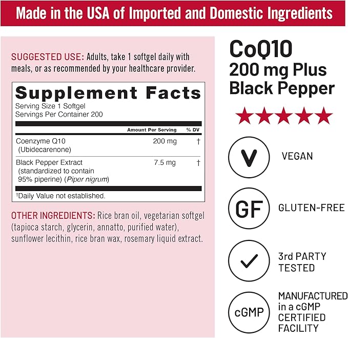 NatureWise CoQ10 200mg + Black Pepper Softgels - High Absorption Coenzyme Q10 + Black Pepper - Antioxidant for Heart Health + Cellular Energy - Vegan, Non-GMO, Gluten-Free - 200 Count[200-Day Supply]