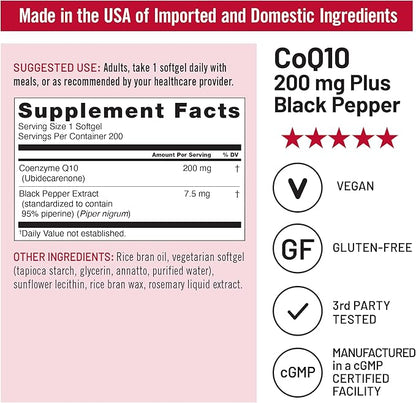 NatureWise CoQ10 200mg + Black Pepper Softgels - High Absorption Coenzyme Q10 + Black Pepper - Antioxidant for Heart Health + Cellular Energy - Vegan, Non-GMO, Gluten-Free - 200 Count[200-Day Supply]