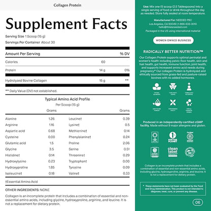 Needed. Expertly-Formulated & Tested Prenatal Hydrolyzed Collagen Protein Powder for Pregnancy, Breastfeeding, & Postpartum | Grass-fed, Pasture-Raised, Hormone-Free | 1lb