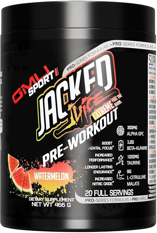 GMU SPORT Jacked Juice Pre Workout | Explosive Energy, Focus & Muscle Pumps | 8g Citrulline Malate, 3g Creatine, Beta Alanine, Alpha-GPC | 250mg Caffeine | 40 Servings Watermelon