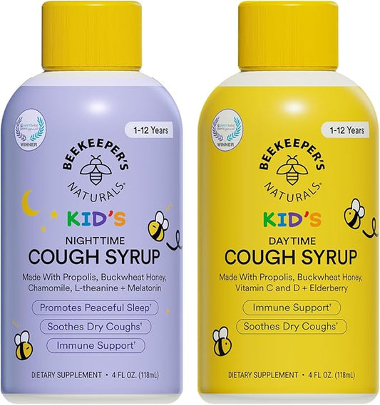 Beekeeper's Naturals Kids Honey Cough Syrup – Day & Night Value Pack – Immune Support with Elderberry, Vitamin C, D, Propolis & Raw Honey – Soothing, Clean Ingredients – Two Pack, 2 x 4 fl oz