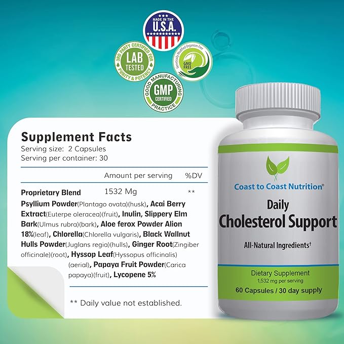 Cholesterol Support Supplement - Support Cardiovascular & Artery Performance, Target Bad LDL Levels & Plaque Calcium Buld-Up - Promote Circulation & Blood Flow - 60 Capsules