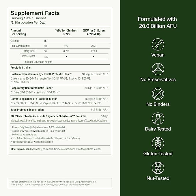Seed PDS-08 Pediatric Daily Synbiotic - Fiber-Based Prebiotic & Probiotic for Kids - Digestive Health, Regularity, Constipation Relief - Ages 3-17 - Vegan and Shelf-Stable - 30 Sachets (30-Day Supply)